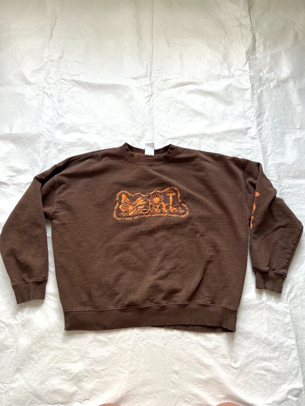 X-Girl sweatshirt size 12 brown orange embroidered butterfly flower mushroom